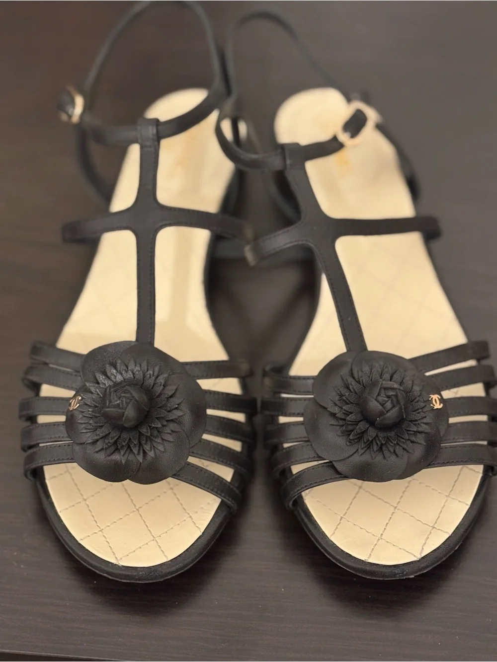 CHANEL Black Leather Camellia T-Strap Sandals